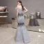 Luxury / Gorgeous Grey Evening Dresses  2020 Trumpet / Mermaid Off-The-Shoulder Short Sleeve Feather Beading Floor-Length / Long Ruffle Backless Formal Dresses
