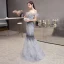 Luxury / Gorgeous Grey Evening Dresses  2020 Trumpet / Mermaid Off-The-Shoulder Short Sleeve Feather Beading Floor-Length / Long Ruffle Backless Formal Dresses