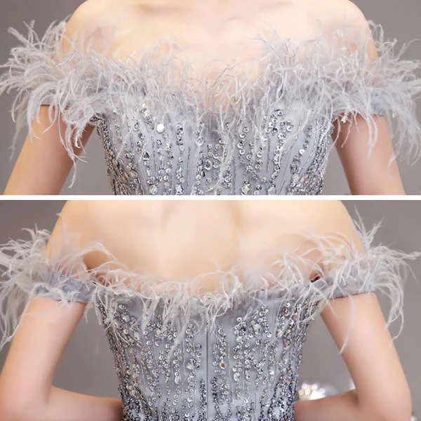 Luxury / Gorgeous Grey Evening Dresses 2020 Trumpet / Mermaid Off-The-Shoulder Short Sleeve Feather Beading Floor-Length / Long Ruffle Backless Formal Dresses