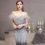 Luxury / Gorgeous Grey Evening Dresses  2020 Trumpet / Mermaid Off-The-Shoulder Short Sleeve Feather Beading Floor-Length / Long Ruffle Backless Formal Dresses