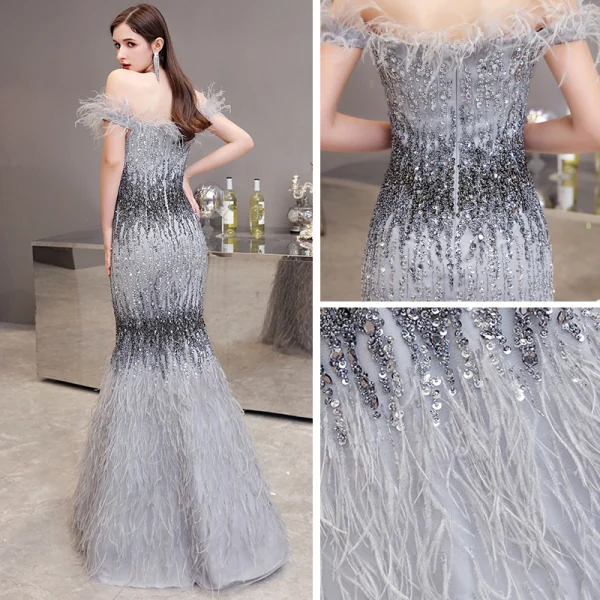 Luxury / Gorgeous Grey Evening Dresses 2020 Trumpet / Mermaid Off-The-Shoulder Short Sleeve Feather Beading Floor-Length / Long Ruffle Backless Formal Dresses