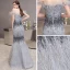 Luxury / Gorgeous Grey Evening Dresses  2020 Trumpet / Mermaid Off-The-Shoulder Short Sleeve Feather Beading Floor-Length / Long Ruffle Backless Formal Dresses