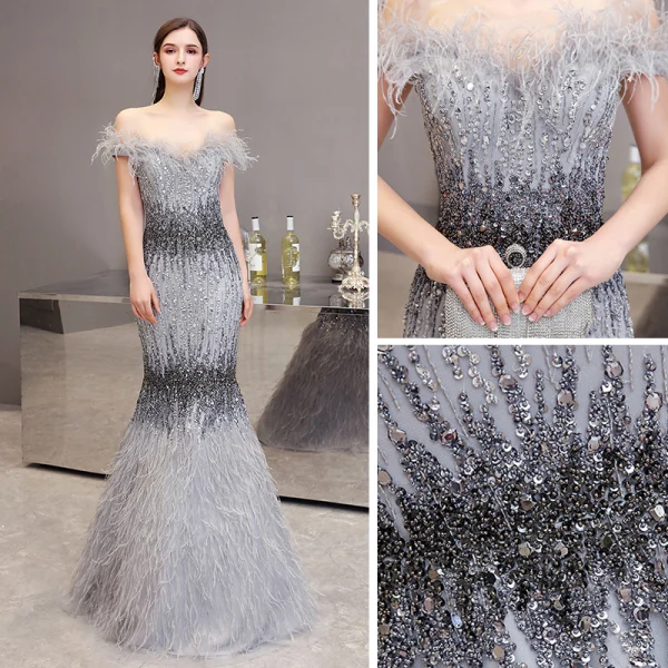 Luxury / Gorgeous Grey Evening Dresses 2020 Trumpet / Mermaid Off-The-Shoulder Short Sleeve Feather Beading Floor-Length / Long Ruffle Backless Formal Dresses