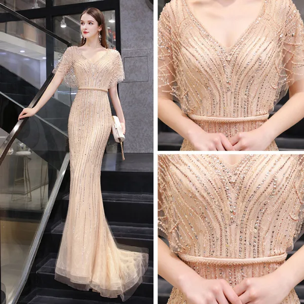 Haut de Gamme Doré Transparentes Robe De Soirée 2020 Trompette / Sirène V-Cou Manches Courtes Ceinture Perlage Train De Balayage Volants Robe De Ceremonie