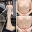 Haut de Gamme Doré Transparentes Robe De Soirée 2020 Trompette / Sirène V-Cou Manches Courtes Ceinture Perlage Train De Balayage Volants Robe De Ceremonie