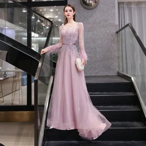 Haut De Gamme Rose Bonbon Transparentes Robe De Soirée 2020 Princesse Encolure Carrée Manches Longues Plumes Fait Main Perlage Faux Diamant Paillettes Ceinture Train De Balayage Volants Robe De Ceremonie
