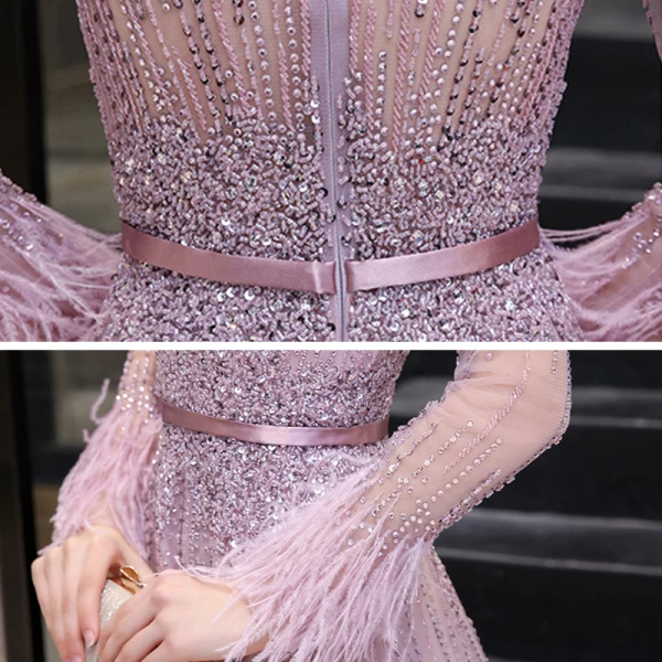 High-end Candy Roze Doorzichtige Avondjurken 2020 A lijn Vierkante Halslijn Lange Mouwen Veer Handgemaakt Kralen Rhinestone Pailletten Gordel Sweep Trein Ruche Gelegenheid Jurken