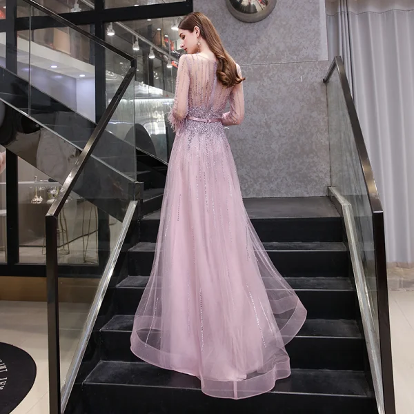 High-end Candy Roze Doorzichtige Avondjurken 2020 A lijn Vierkante Halslijn Lange Mouwen Veer Handgemaakt Kralen Rhinestone Pailletten Gordel Sweep Trein Ruche Gelegenheid Jurken