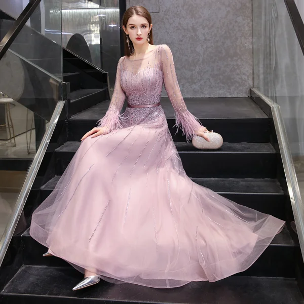 High-end Candy Roze Doorzichtige Avondjurken 2020 A lijn Vierkante Halslijn Lange Mouwen Veer Handgemaakt Kralen Rhinestone Pailletten Gordel Sweep Trein Ruche Gelegenheid Jurken
