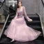High-end Candy Roze Doorzichtige Avondjurken 2020 A lijn Vierkante Halslijn Lange Mouwen Veer Handgemaakt Kralen Rhinestone Pailletten Gordel Sweep Trein Ruche Gelegenheid Jurken