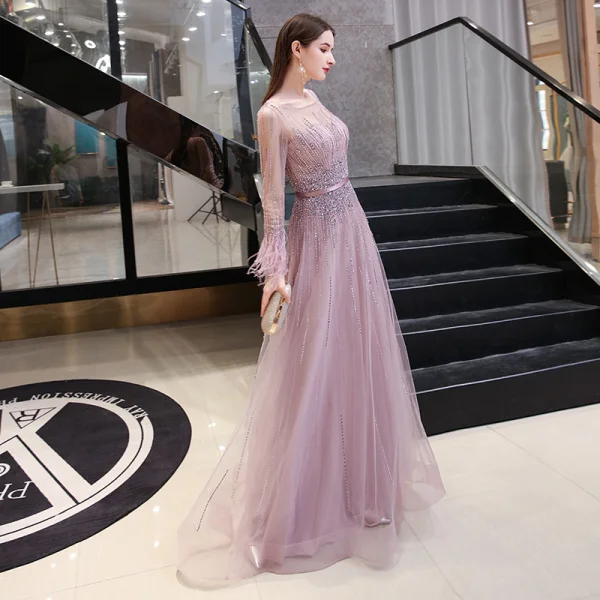 High-end Candy Roze Doorzichtige Avondjurken 2020 A lijn Vierkante Halslijn Lange Mouwen Veer Handgemaakt Kralen Rhinestone Pailletten Gordel Sweep Trein Ruche Gelegenheid Jurken