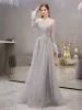 High-end Candy Pink See-through Evening Dresses  2020 A-Line / Princess Square Neckline Long Sleeve Feather Handmade  Beading Rhinestone Sequins Sash Sweep Train Ruffle Formal Dresses