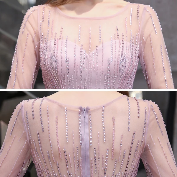 High-end Candy Roze Doorzichtige Avondjurken 2020 A lijn Vierkante Halslijn Lange Mouwen Veer Handgemaakt Kralen Rhinestone Pailletten Gordel Sweep Trein Ruche Gelegenheid Jurken