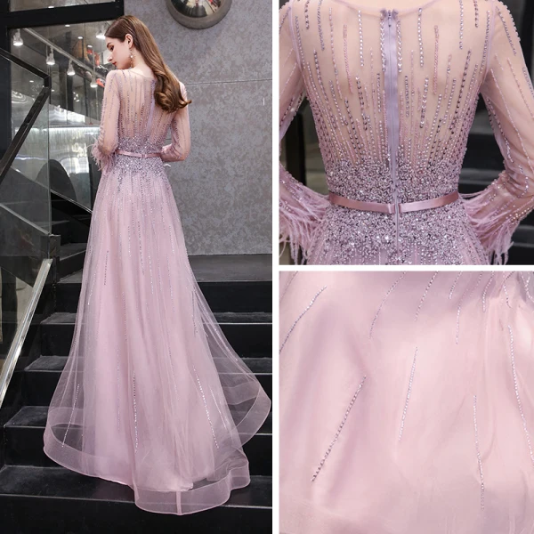 High-end Candy Roze Doorzichtige Avondjurken 2020 A lijn Vierkante Halslijn Lange Mouwen Veer Handgemaakt Kralen Rhinestone Pailletten Gordel Sweep Trein Ruche Gelegenheid Jurken