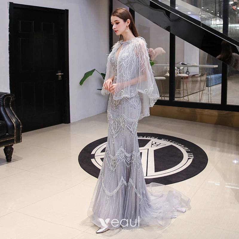 Luxury Gorgeous Grey Evening Dresses With Shawl 2020 Trumpet