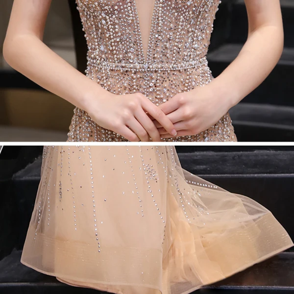 Sexy Luxus / Herrlich Gold Roter Teppich Abendkleider 2020 Meerjungfrau Tiefer V-Ausschnitt Kurze Ärmel Handgefertigt Perlenstickerei Perle Sweep / Pinsel Zug Rüschen Rückenfreies