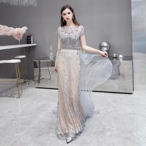 High End Champagne Grey See Through Evening Dresses 2020 Trumpet Mermaid Square Neckline Short Sleeve Handmade Beading Sweep Train Ruffle Formal Dresses