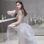 High End Champagner Grau Durchsichtige Abendkleider 2020 Meerjungfrau Eckiger Ausschnitt Kurze Ärmel Handgefertigt Perlenstickerei Sweep / Pinsel Zug Rüschen Festliche Kleider
