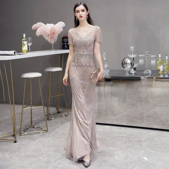 Haut De Gamme Champagne Transparentes Robe De Soirée 2020 Trompette Sirène Encolure Carrée Sans Manches Fait Main Perlage Train De Balayage Robe De Ceremonie