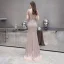 Haut de Gamme Champagne Transparentes Robe De Soirée 2020 Trompette / Sirène Encolure Carrée Sans Manches Fait main Perlage Train De Balayage Robe De Ceremonie
