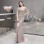 Haut de Gamme Champagne Transparentes Robe De Soirée 2020 Trompette / Sirène Encolure Carrée Sans Manches Fait main Perlage Train De Balayage Robe De Ceremonie