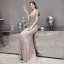 Haut de Gamme Champagne Transparentes Robe De Soirée 2020 Trompette / Sirène Encolure Carrée Sans Manches Fait main Perlage Train De Balayage Robe De Ceremonie