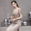 Haut de Gamme Champagne Transparentes Robe De Soirée 2020 Trompette / Sirène Encolure Carrée Sans Manches Fait main Perlage Train De Balayage Robe De Ceremonie