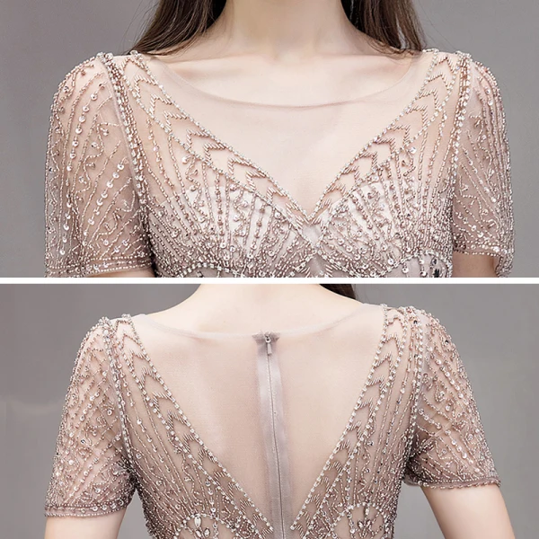 Haut de Gamme Champagne Transparentes Robe De Soirée 2020 Trompette / Sirène Encolure Carrée Sans Manches Fait main Perlage Train De Balayage Robe De Ceremonie