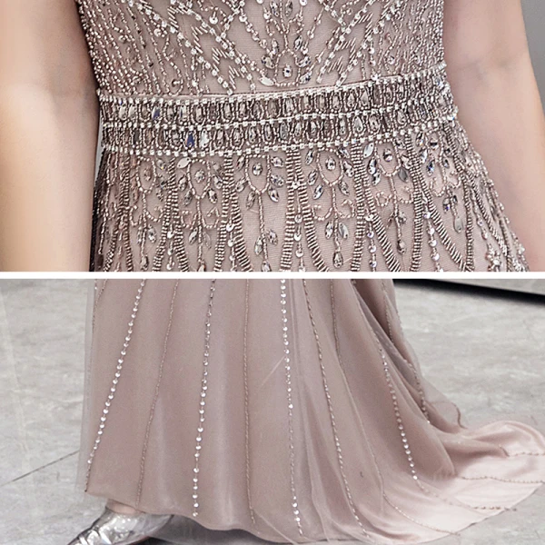 Haut de Gamme Champagne Transparentes Robe De Soirée 2020 Trompette / Sirène Encolure Carrée Sans Manches Fait main Perlage Train De Balayage Robe De Ceremonie