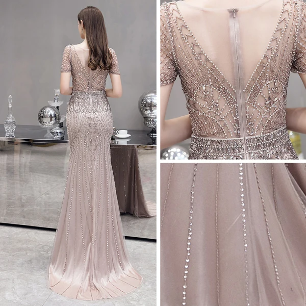Haut de Gamme Champagne Transparentes Robe De Soirée 2020 Trompette / Sirène Encolure Carrée Sans Manches Fait main Perlage Train De Balayage Robe De Ceremonie