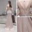 Haut de Gamme Champagne Transparentes Robe De Soirée 2020 Trompette / Sirène Encolure Carrée Sans Manches Fait main Perlage Train De Balayage Robe De Ceremonie