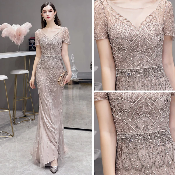Haut de Gamme Champagne Transparentes Robe De Soirée 2020 Trompette / Sirène Encolure Carrée Sans Manches Fait main Perlage Train De Balayage Robe De Ceremonie