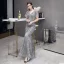 Luxe Gris Robe De Soirée 2020 Trompette / Sirène V-Cou Manches Courtes Paillettes Perlage Train De Balayage Dos Nu Robe De Ceremonie