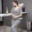 Luxe Gris Robe De Soirée 2020 Trompette / Sirène V-Cou Manches Courtes Paillettes Perlage Train De Balayage Dos Nu Robe De Ceremonie