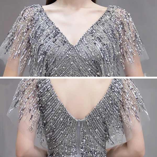 Luxe Gris Robe De Soirée 2020 Trompette / Sirène V-Cou Manches Courtes Paillettes Perlage Train De Balayage Dos Nu Robe De Ceremonie