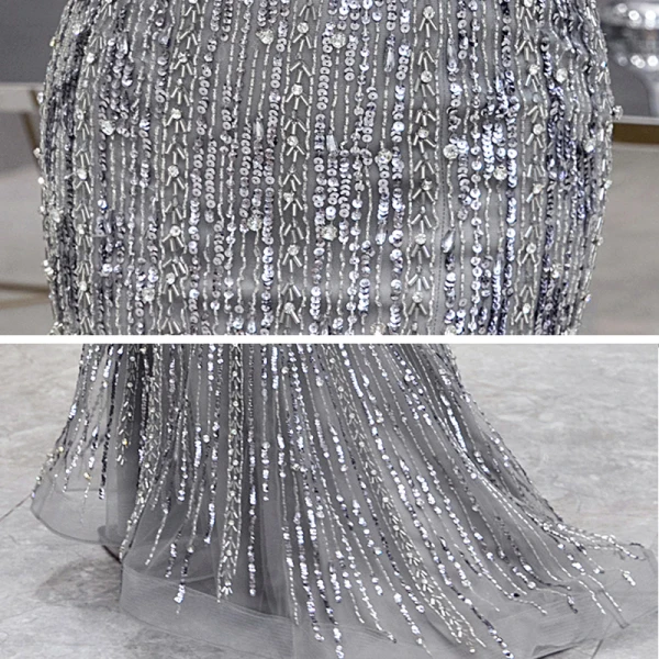 Luxe Gris Robe De Soirée 2020 Trompette / Sirène V-Cou Manches Courtes Paillettes Perlage Train De Balayage Dos Nu Robe De Ceremonie