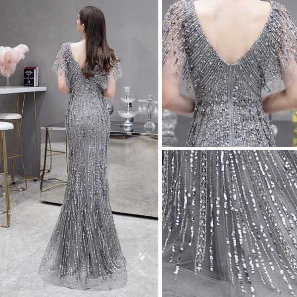 Luxe Gris Robe De Soirée 2020 Trompette / Sirène V-Cou Manches Courtes Paillettes Perlage Train De Balayage Dos Nu Robe De Ceremonie