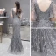 Luxe Gris Robe De Soirée 2020 Trompette / Sirène V-Cou Manches Courtes Paillettes Perlage Train De Balayage Dos Nu Robe De Ceremonie