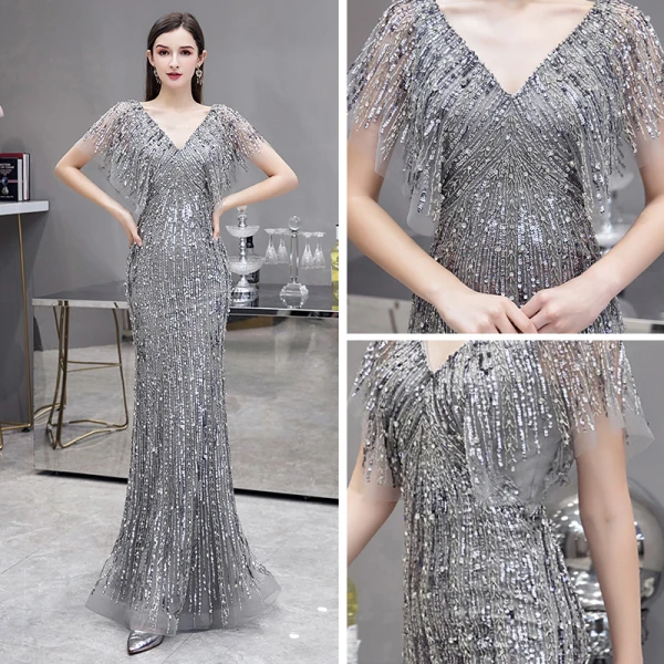 Luxe Gris Robe De Soirée 2020 Trompette / Sirène V-Cou Manches Courtes Paillettes Perlage Train De Balayage Dos Nu Robe De Ceremonie