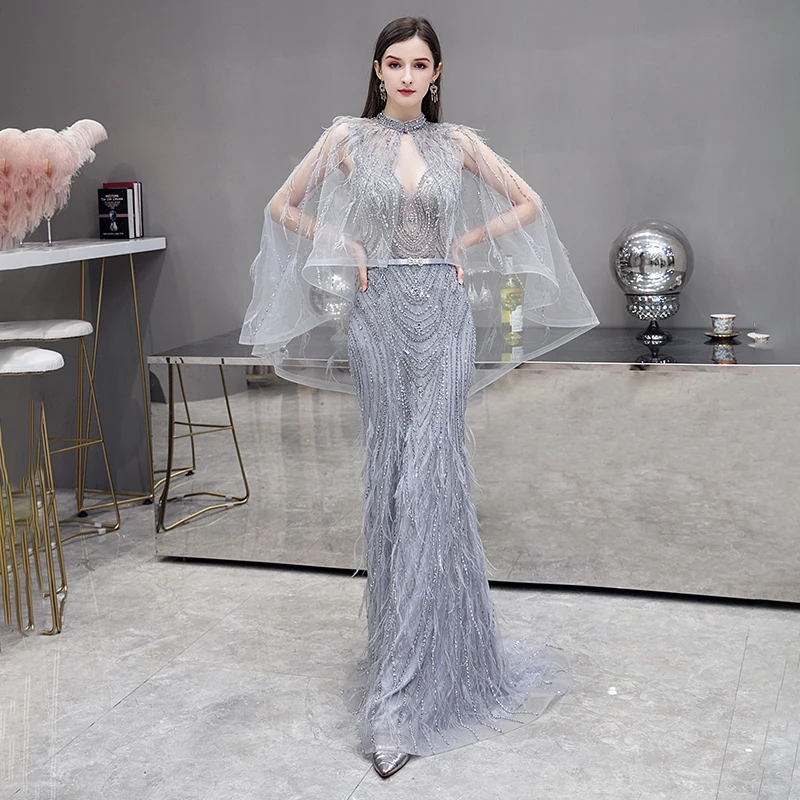 Illusion High End Grey Red Carpet See Through Evening Dresses With Shawl  2020 Trumpet Mermaid Deep V Neck Sleeveless Feather Beading Sweep Train  Ruffle Backless Formal Dresses