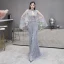 Illusion Haut de Gamme Gris Tapis rouge Transparentes Robe De Soirée Avec Châle 2020 Trompette / Sirène Col v profond Sans Manches Plumes Perlage Train De Balayage Volants Dos Nu Robe De Ceremonie