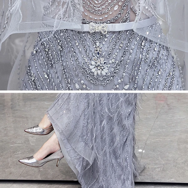 Illusion Haut de Gamme Gris Tapis rouge Transparentes Robe De Soirée Avec Châle 2020 Trompette / Sirène Col v profond Sans Manches Plumes Perlage Train De Balayage Volants Dos Nu Robe De Ceremonie