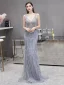 Illusion Haut de Gamme Gris Tapis rouge Transparentes Robe De Soirée Avec Châle 2020 Trompette / Sirène Col v profond Sans Manches Plumes Perlage Train De Balayage Volants Dos Nu Robe De Ceremonie