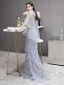 Illusion Haut de Gamme Gris Tapis rouge Transparentes Robe De Soirée Avec Châle 2020 Trompette / Sirène Col v profond Sans Manches Plumes Perlage Train De Balayage Volants Dos Nu Robe De Ceremonie