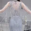 Illusion Haut de Gamme Gris Tapis rouge Transparentes Robe De Soirée Avec Châle 2020 Trompette / Sirène Col v profond Sans Manches Plumes Perlage Train De Balayage Volants Dos Nu Robe De Ceremonie