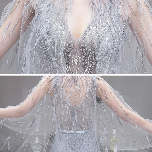 Illusion Haut de Gamme Gris Tapis rouge Transparentes Robe De Soirée Avec Châle 2020 Trompette / Sirène Col v profond Sans Manches Plumes Perlage Train De Balayage Volants Dos Nu Robe De Ceremonie