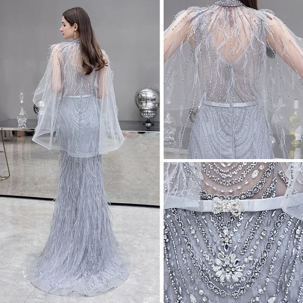Illusion Haut de Gamme Gris Tapis rouge Transparentes Robe De Soirée Avec Châle 2020 Trompette / Sirène Col v profond Sans Manches Plumes Perlage Train De Balayage Volants Dos Nu Robe De Ceremonie