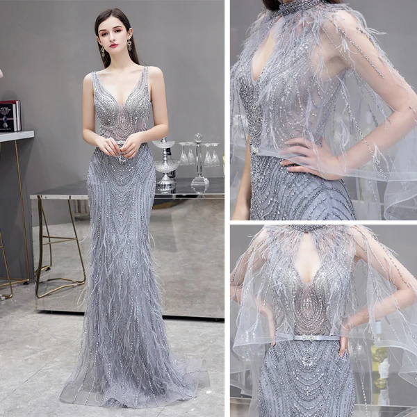 Illusion Haut de Gamme Gris Tapis rouge Transparentes Robe De Soirée Avec Châle 2020 Trompette / Sirène Col v profond Sans Manches Plumes Perlage Train De Balayage Volants Dos Nu Robe De Ceremonie