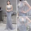 Illusion Haut de Gamme Gris Tapis rouge Transparentes Robe De Soirée Avec Châle 2020 Trompette / Sirène Col v profond Sans Manches Plumes Perlage Train De Balayage Volants Dos Nu Robe De Ceremonie
