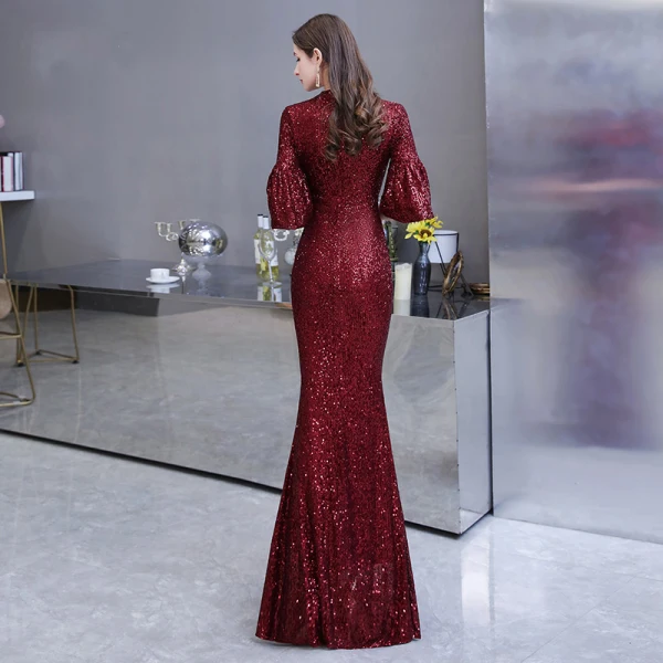 Sparkly Burgundy Sequins Evening Dresses 2020 Trumpet / Mermaid High Neck 3/4 Sleeve Bell sleeves Floor-Length / Long Ruffle Formal Dresses